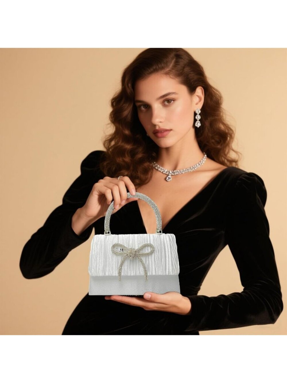Women's Moonlight Silver Sparkly Bow Rhinestone Clutch Purse Evening Bag - Picture 2 of 6